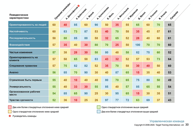 Пример страницы командного отчета. Сравнительный командный отчет  помогает получить наглядную карту команды, увидеть сильные места и зоны роста команды и выработать план действий
